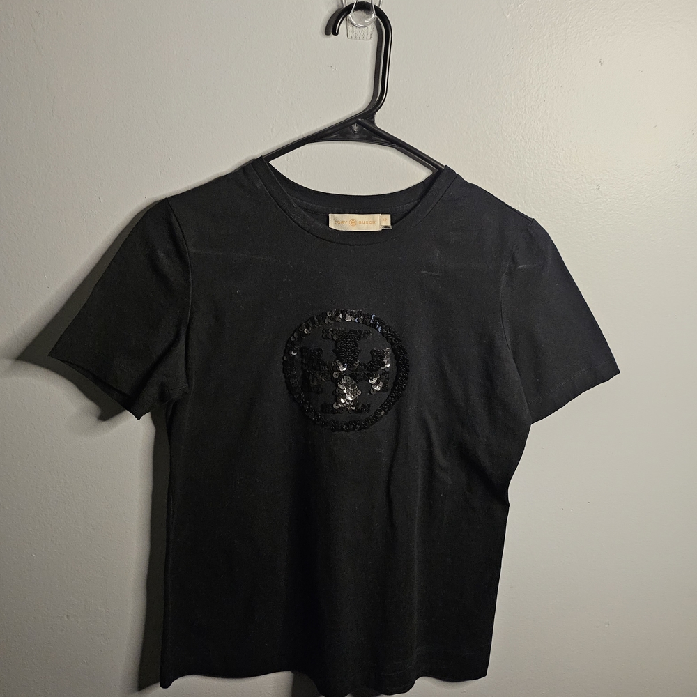 Gently Worn Tory Burch Black Sequin Logo Short Sleeve Tee